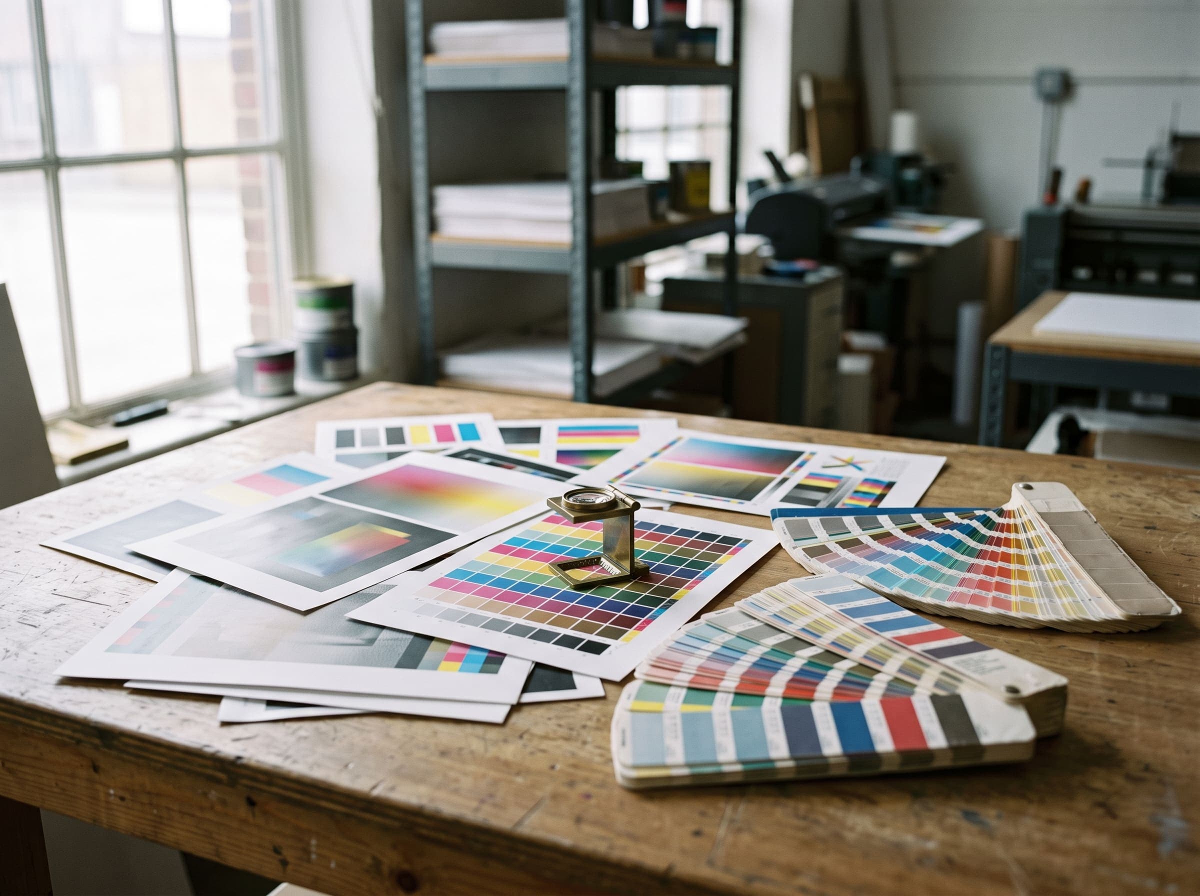 Color design proofs laid out for review before a print run