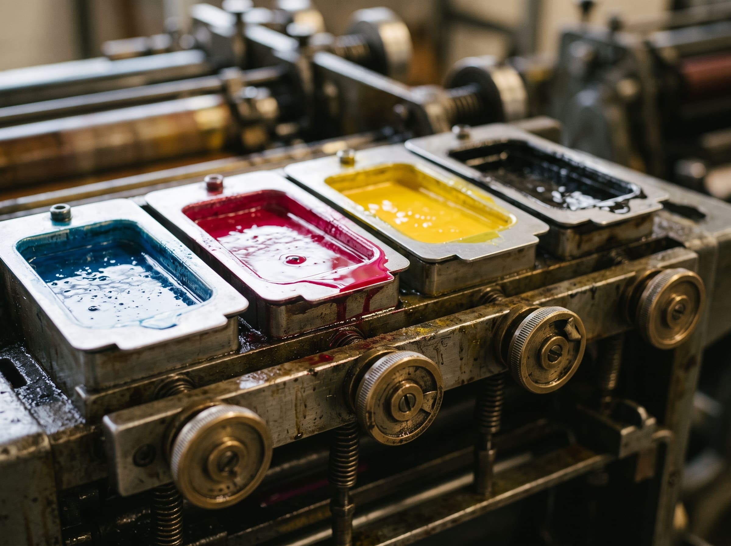 Ink fountains on a Heidelberg offset press feeding the print run