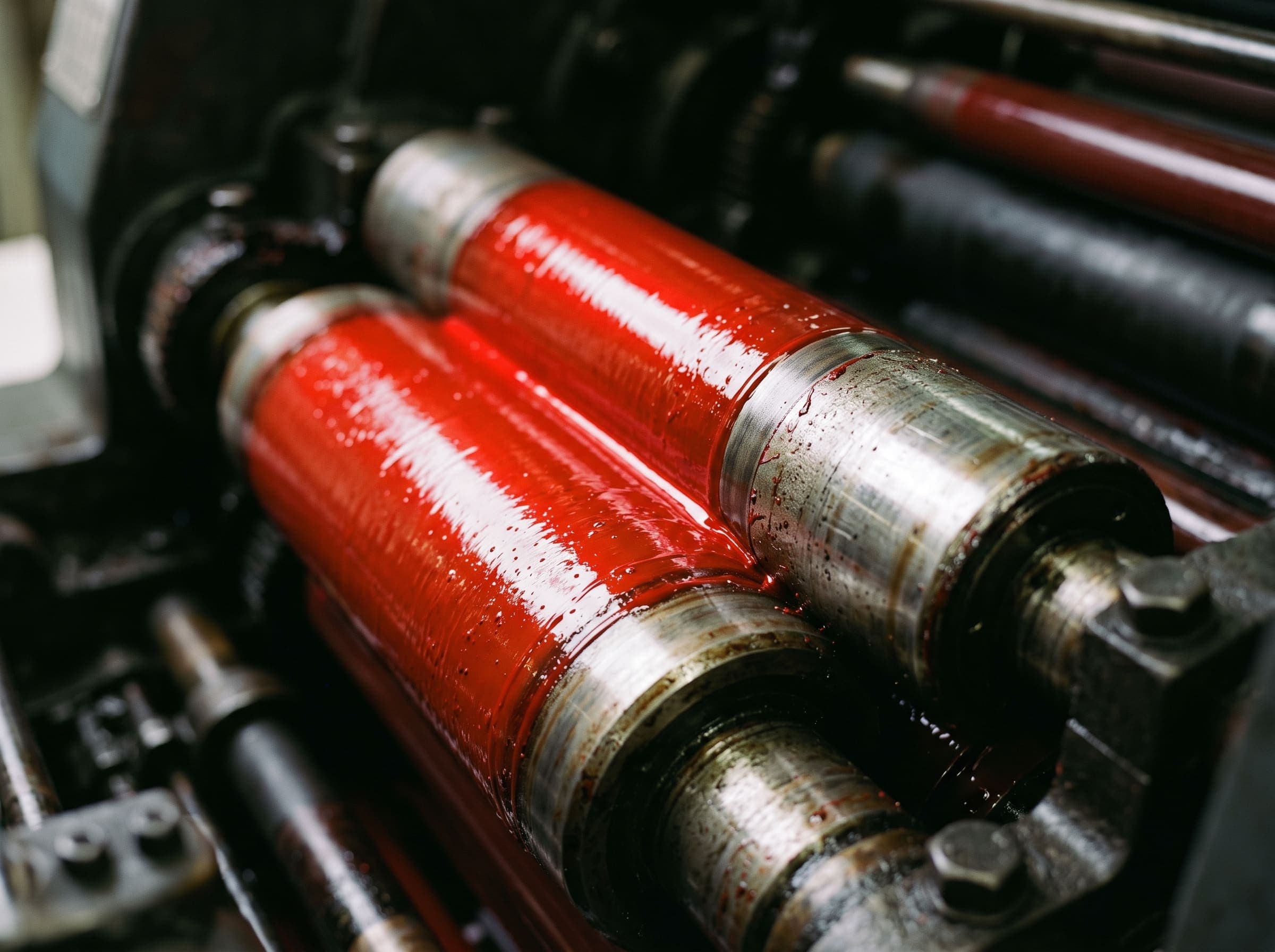 Macro detail of ink rollers on an offset printing press