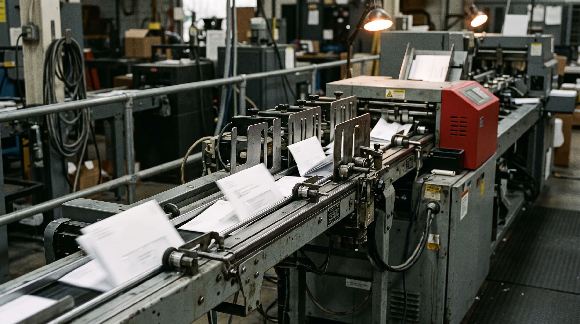 Mail inserter line running a folding and inserting job