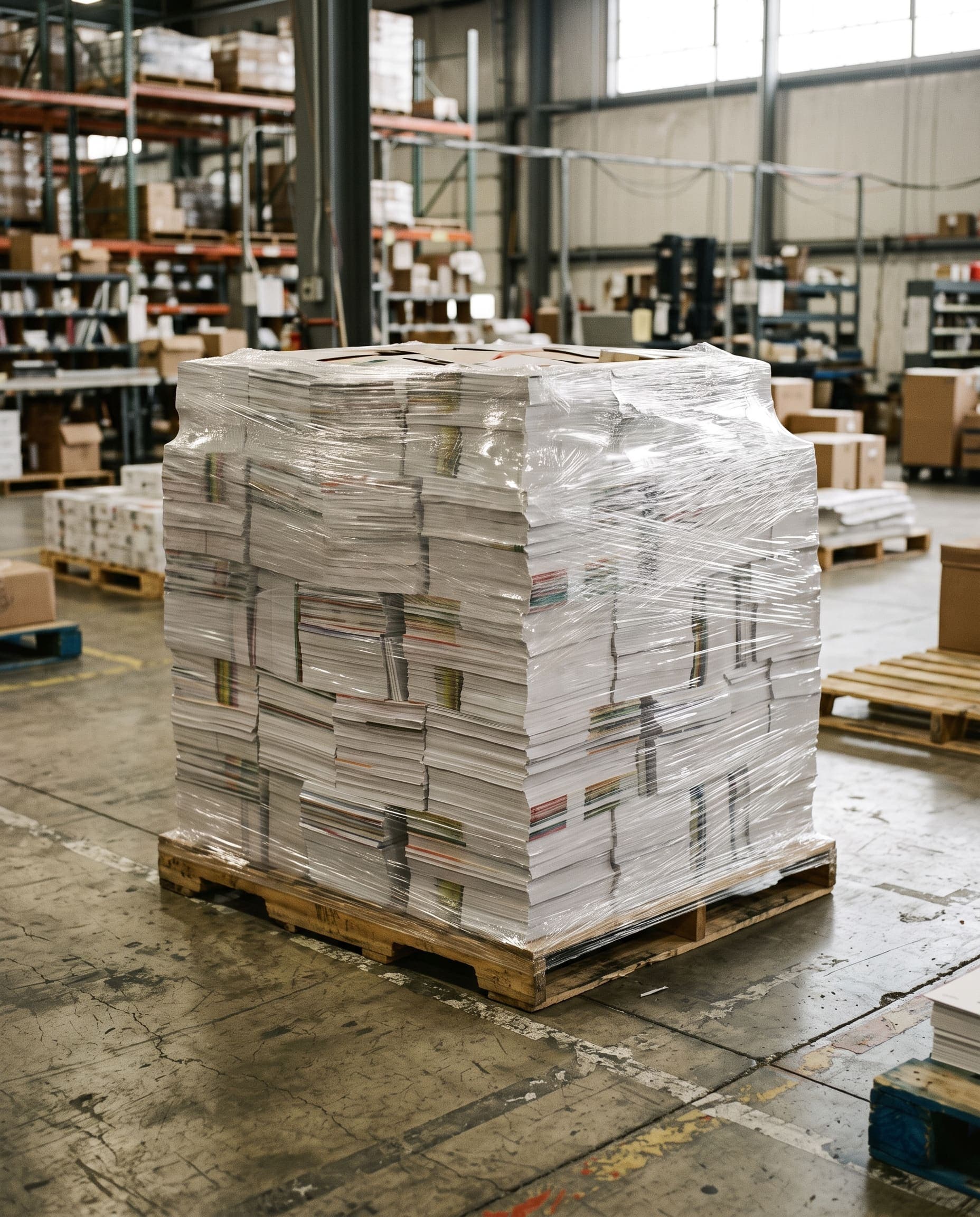 Palletized fulfillment shipment wrapped and staged for outbound freight