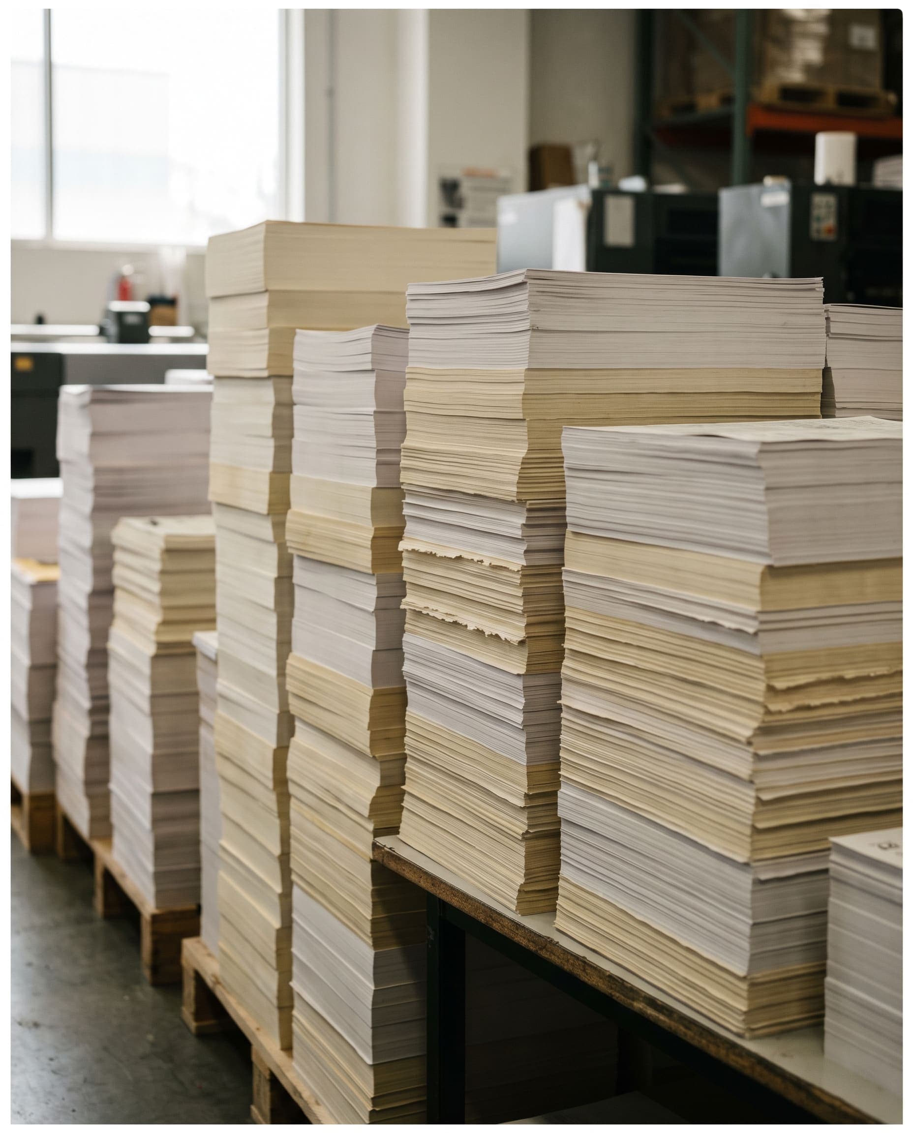 Reams of paper stock stacked edge-on in the production warehouse