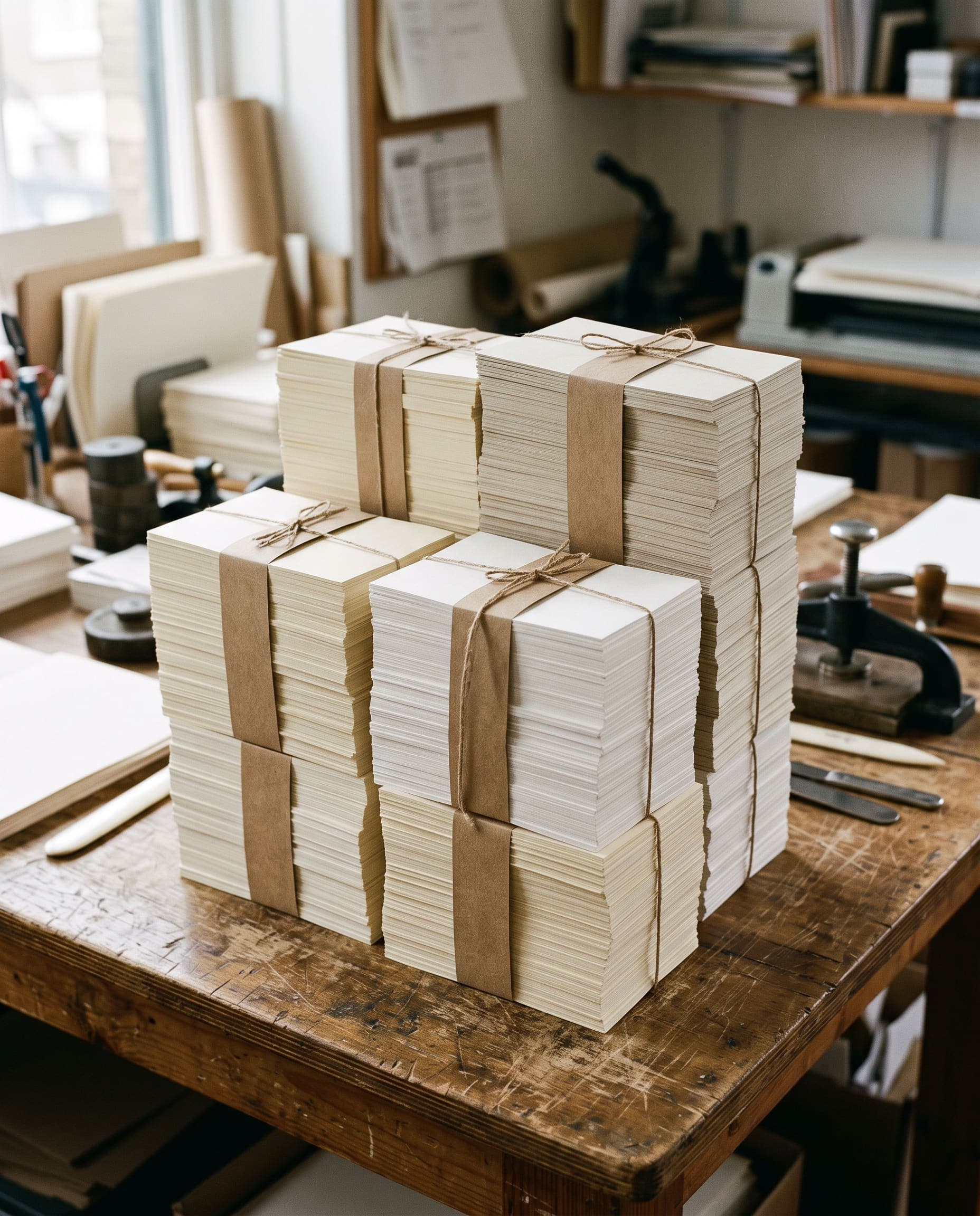Stacks of finished EDDM postcards staged for carrier-route mailing