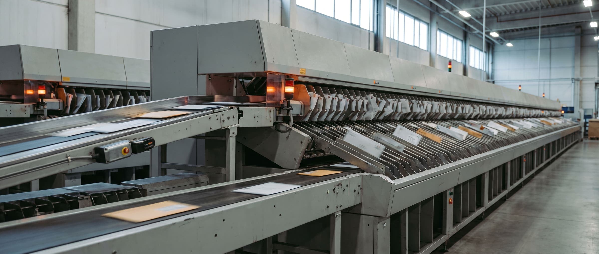 Wide view of a mail stream moving through a presort and commingling sorter