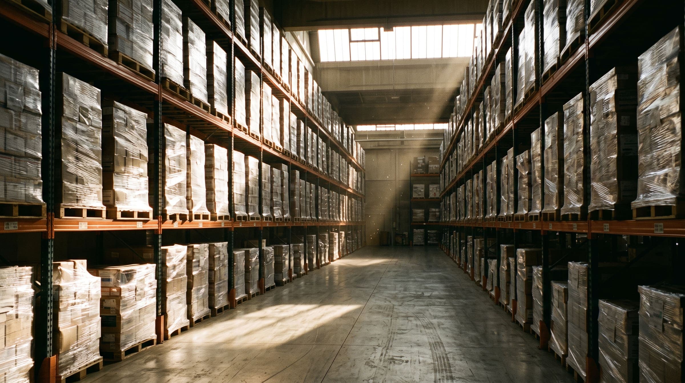 Warehouse racking in raking light showing fulfillment inventory storage